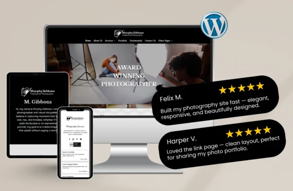A promotional mockup for a professional photography WordPress template shown on a desktop monitor, tablet, and smartphone. The website features a minimalist black and white theme with the headline "AWARD WINNING PHOTOGRAPHER." Two black testimonial bubbles with 5-star ratings from Felix M. and Harper V. are featured on the right, praising the theme's elegant design and its effective layout for sharing photo portfolios.