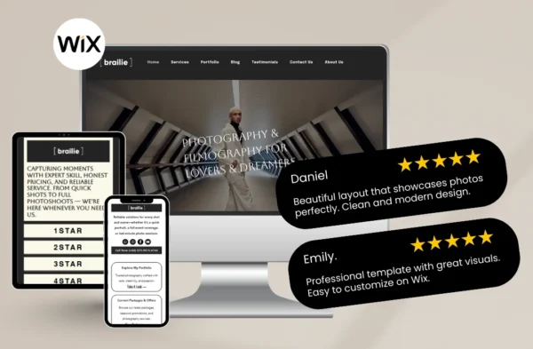 A professional photography Wix template displayed on a monitor, tablet, and smartphone, featuring a dark minimalist theme, a photography portfolio hero section, and 5-star testimonials from Daniel and Emily praising the clean and modern layout.