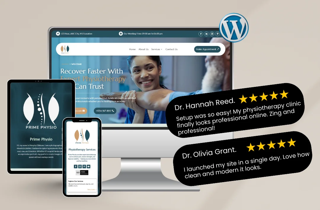 A promotional mockup for a physiotherapy WordPress template displayed on a desktop monitor, tablet, and smartphone. The website features a teal and white theme with a headline that reads "Recover Faster With Physiotherapy You Can Trust" over an image of a therapist and patient. Two black testimonial bubbles with 5-star ratings from Dr. Hannah Reed and Dr. Olivia Grant are featured on the right, highlighting the template's professional look and easy setup.