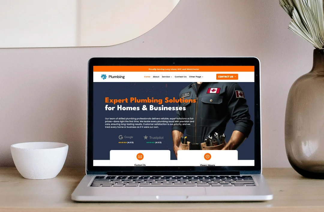 A professional showcase of a Plumber WordPress theme displayed across a desktop monitor, tablet, and smartphone. The website features a navy blue and orange design with a bold hero banner titled "Expert In Fix Your Plumbing Problems." The layout includes 5-star testimonial bubbles from Noah R. and Liam T., a detailed service grid, a transparent pricing list, and a technical speed test highlighting a high 93 performance score.