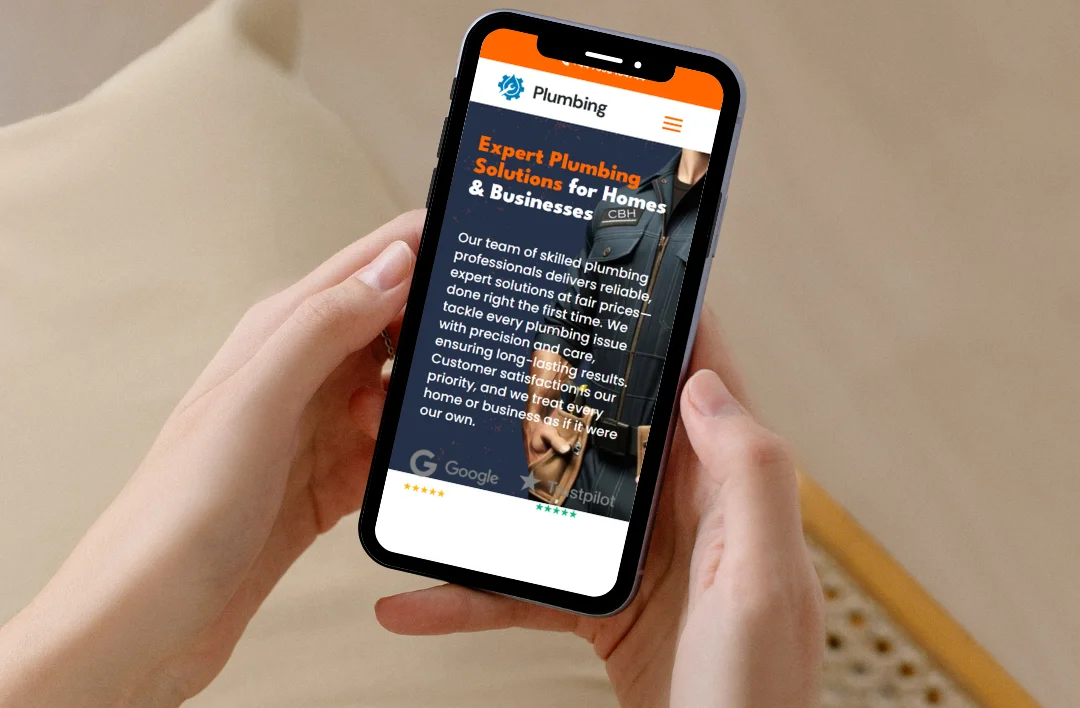 A professional showcase of a Plumber WordPress theme displayed on a desktop monitor, tablet, and smartphone. The website features a navy blue and orange design with a hero banner titled "Expert In Fix Your Plumbing Problems." To the right, 5-star testimonial bubbles from Noah R. and Liam T. emphasize the theme's clean, modern, and reliable look, while a technical audit shows a high 93 performance score for fast loading times.