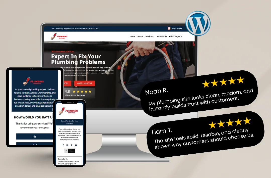 A promotional mockup of a professional Plumber WordPress theme displayed on a desktop, tablet, and smartphone. The website features a navy blue and red design with a hero banner titled "Expert In Fix Your Plumbing Problems." To the right, two black 5-star testimonial bubbles from Noah R. and Liam T. emphasize the theme's clean, modern, and reliable look for plumbing businesses.