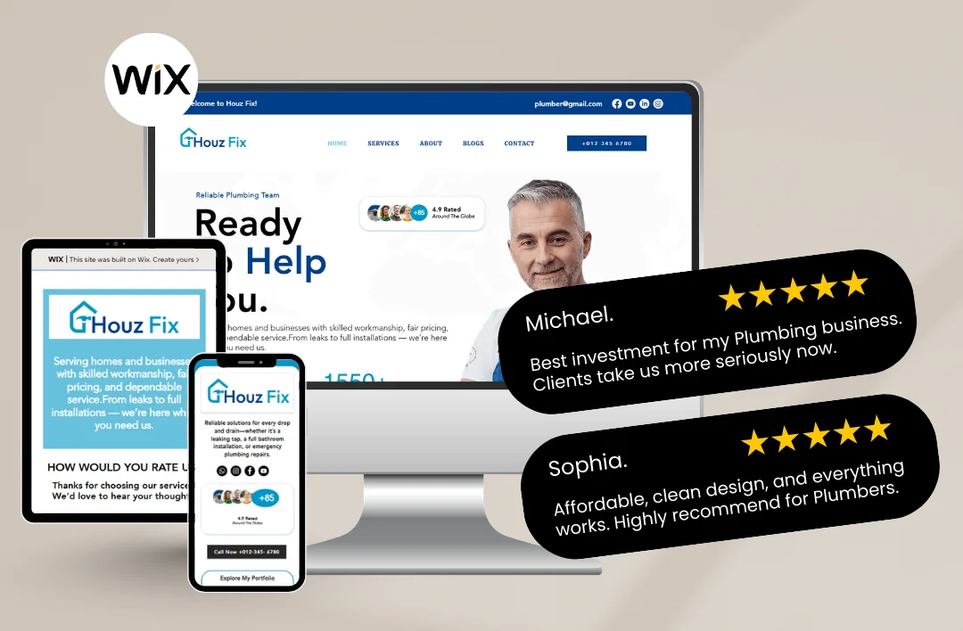 A professional multi-device mockup of a Wix plumbing website template named 'Houz Fix'. The display includes a desktop monitor with a professional plumber image and 'Ready to Help You' headline, alongside a tablet and smartphone showing responsive service sections. Features include 5-star customer reviews from Michael and Sophia, a clean blue and white color scheme, and an authoritative UI designed for home maintenance and emergency services.