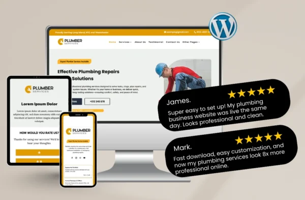 "A professional 'Plumber' website template mockup for residential and commercial plumbing businesses. The design features a high-visibility yellow and slate grey color palette, an action shot of a professional plumber at work, and the headline 'Effective Plumbing Repairs & Solutions.' Displayed across a desktop monitor, tablet, and smartphone with a WordPress logo and 5-star testimonials from James and Mark."