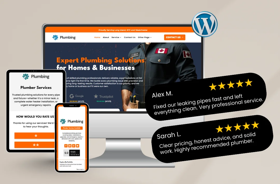A professional showcase of a plumbing service WordPress theme displayed across a desktop monitor, tablet, and smartphone. The website features a navy blue and orange color scheme with a bold hero banner titled "Expert In Fix Your Plumbing Problems." The layout includes 5-star testimonial bubbles from Noah R. and Liam T., a detailed service grid, a pricing list, and a technical speed test result highlighting a high 93 performance score.