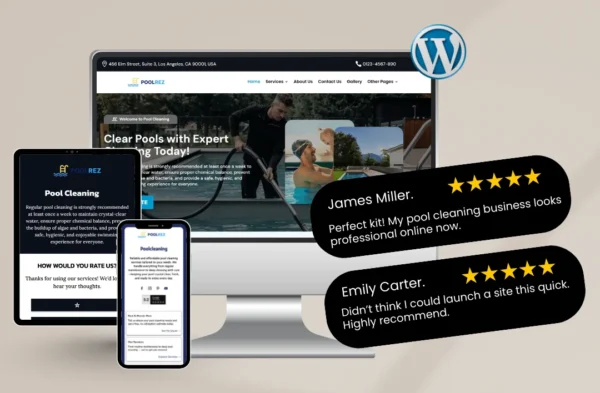 "A professional multi-device mockup of a Pool Cleaning WordPress template displayed on a desktop monitor, tablet, and smartphone. The design features a high-trust blue and white theme, a bold 'Clear Pools with Expert Cleaning Today!' headline, and prominent 5-star testimonials from James Miller and Emily Carter."