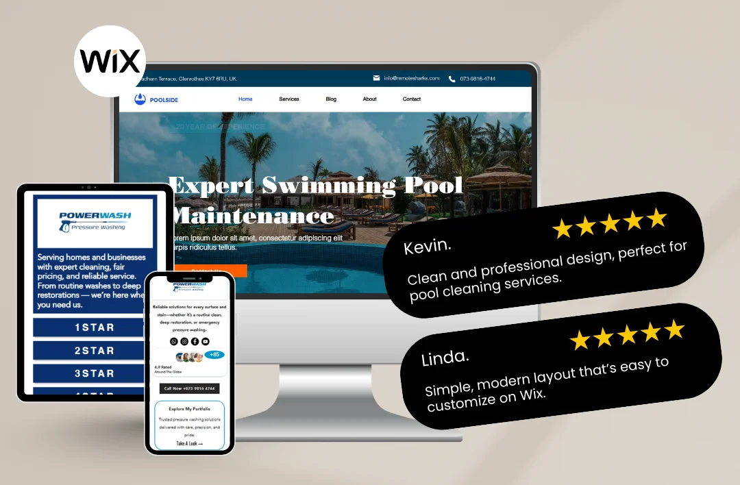 A professional multi-device mockup for a Wix-based pressure washing and pool maintenance website. The display features a desktop monitor with a luxury pool maintenance landing page, alongside a tablet and smartphone showing local cleaning service details, 5-star customer reviews from Kevin and Linda, and clear call-to-action buttons for lead generation in the home maintenance industry.