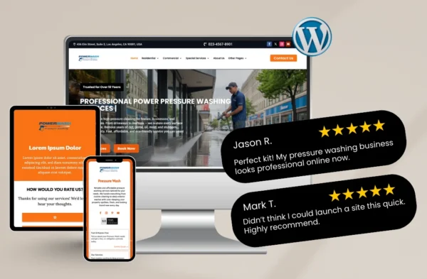 Pressure washing WordPress website displayed on desktop, tablet, and mobile devices with customer testimonials and five-star reviews.
