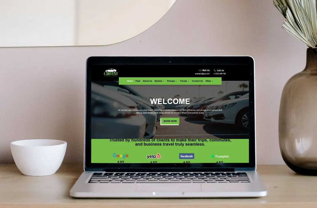 A desktop website mockup for 'Carvent Car Rental Service' displayed on a laptop in a lifestyle office setting. The homepage features a lime green and black theme with a 'BOOK NOW' button. A prominent green section highlights high customer satisfaction ratings from Google, Yelp, Facebook, and Trustpilot, all ranging between 4.8 and 4.9 stars.