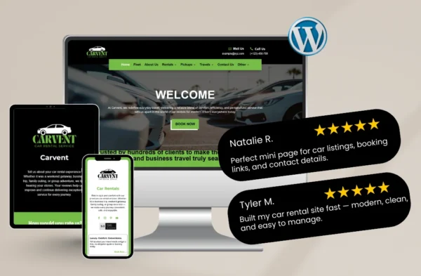 A promotional mockup for a car rental WordPress theme shown on a desktop monitor, tablet, and smartphone. The website features a lime green and black professional design with a "Welcome" hero banner and a "Book Now" button. To the right, two black 5-star testimonial bubbles from Natalie R. and Tyler M. highlight the theme's ease of management and clean layout for car listings.