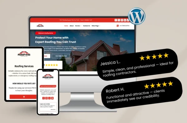A professional roofing WordPress theme displayed across a monitor, tablet, and smartphone, featuring a hero section with a house roof and testimonials from Jessica L. and Robert H. praising its clean and functional design.
