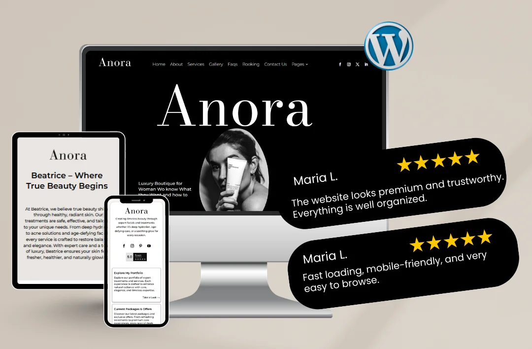 Skincare WordPress eCommerce theme preview displayed on desktop, tablet, and mobile with customer testimonials and 5-star reviews