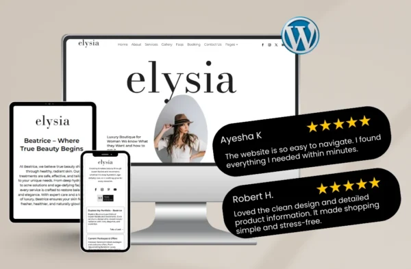 Skincare WordPress eCommerce website preview displayed on desktop, tablet, and mobile with customer testimonials and 5-star reviews