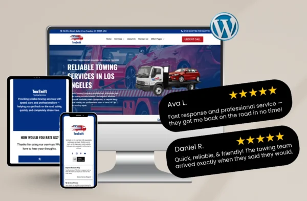"A professional 'Towing Services' website template mockup for roadside assistance companies. The design features a bold red, white, and blue patriotic color palette, a high-quality action shot of a flatbed tow truck, and the headline 'Reliable Towing Services in Los Angeles.' Displayed across a desktop monitor, tablet, and smartphone with a WordPress logo and 5-star testimonials from Ava L. and Daniel R."