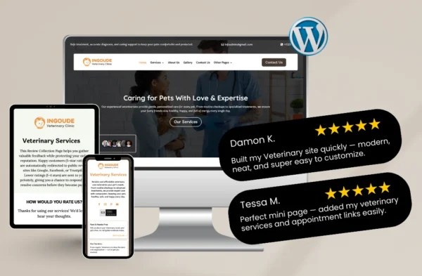 A promotional mockup for a veterinary WordPress template displayed on a desktop monitor, tablet, and smartphone. The website features an orange and white theme with a headline that reads "Caring for Pets With Love & Expertise." To the right, two black 5-star testimonial bubbles from Damon K. and Tessa M. praise the template's ease of customization and professional layout. A blue WordPress logo is visible in the top right corner.