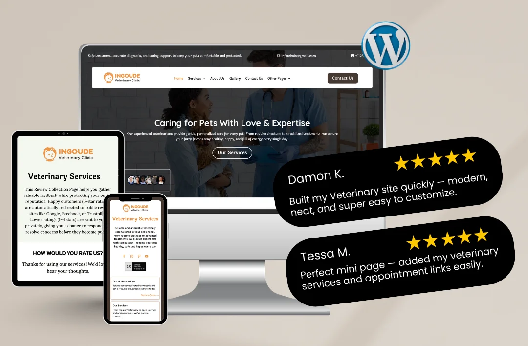 A promotional mockup for a veterinary WordPress template displayed on a desktop monitor, tablet, and smartphone. The website features an orange and white theme with a headline that reads "Caring for Pets With Love & Expertise." To the right, two black 5-star testimonial bubbles from Damon K. and Tessa M. praise the template's ease of customization and professional layout. A blue WordPress logo is visible in the top right corner.