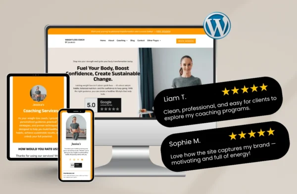 "A professional 'Weightloss Coach' website template mockup for health and wellness professionals. The design features a motivating white and orange professional color palette, a high-quality photo of a fitness coach, and the headline 'Fuel Your Body, Boost Confidence, Create Sustainable Change.' Displayed across a desktop monitor, tablet, and smartphone with a WordPress logo and 5-star testimonials from Liam T. and Sophie M."