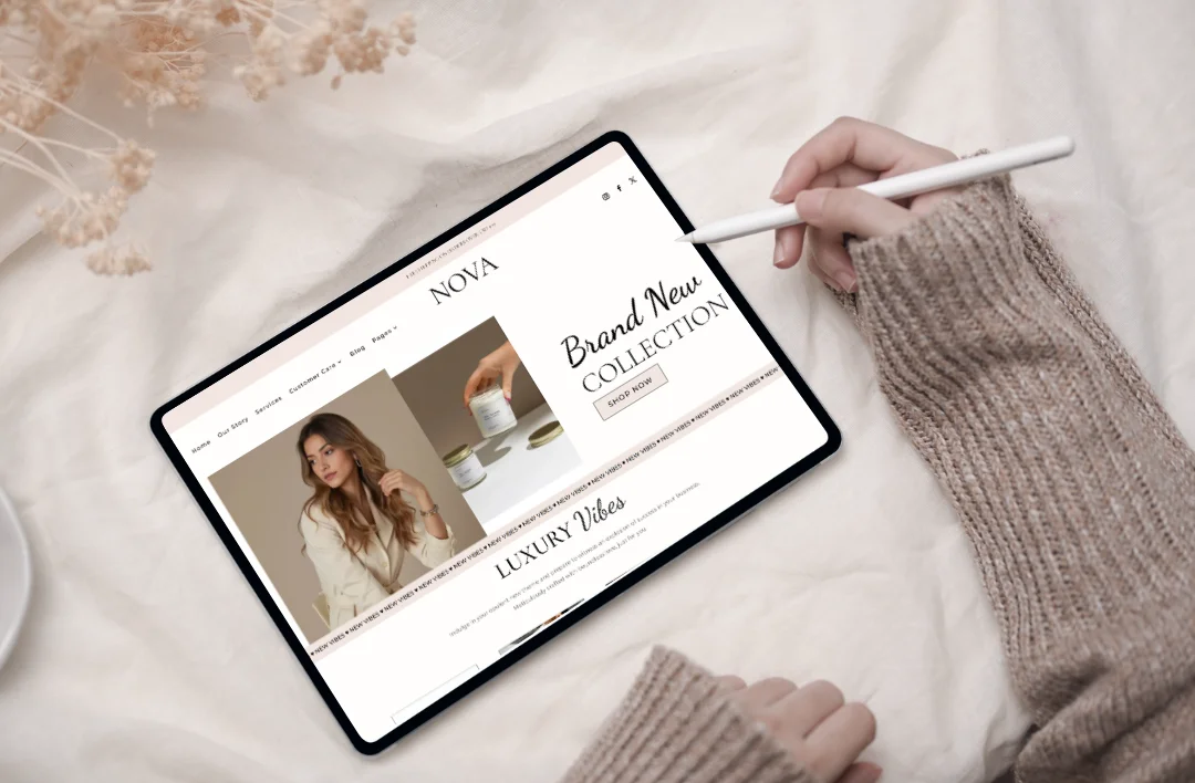 Clothing WordPress template displayed on tablet featuring fashion WooCommerce homepage layout and brand new collection section