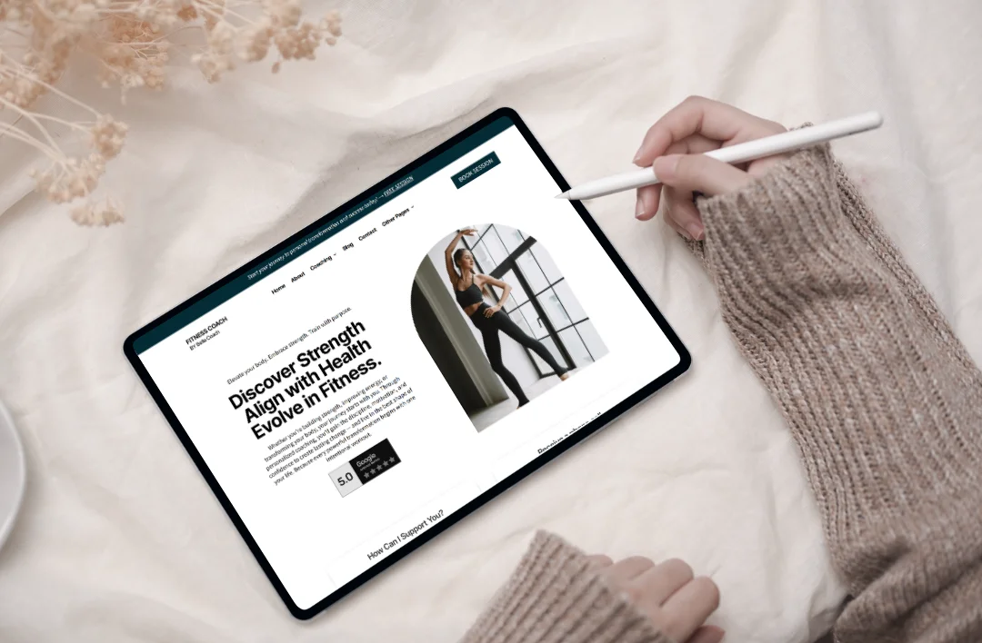 "A mockup of the professional Fitness Coach website's feedback and review page shown on both desktop and smartphone. The interface features a sophisticated dark teal and white theme with a 'How would you rate us?' star-rating system. A five-star testimonial from Sophia states, 'My fitness site looks energetic, modern, and motivates clients to take action!' A QR code is visible on the mobile screen for instant customer engagement."