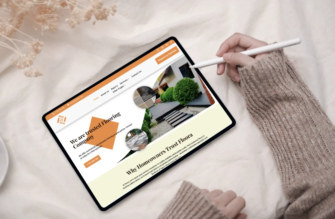 "A visual overview of three 'Trusted Flooring Company' service page templates featuring a warm orange, tan, and white professional theme. The layouts showcase dedicated sections for hardwood installation, tile work, and carpet services, including structured 'Why Trust Us' informational areas, professional project imagery, and clear contact-focused headers with integrated 'Request an Estimate' buttons."