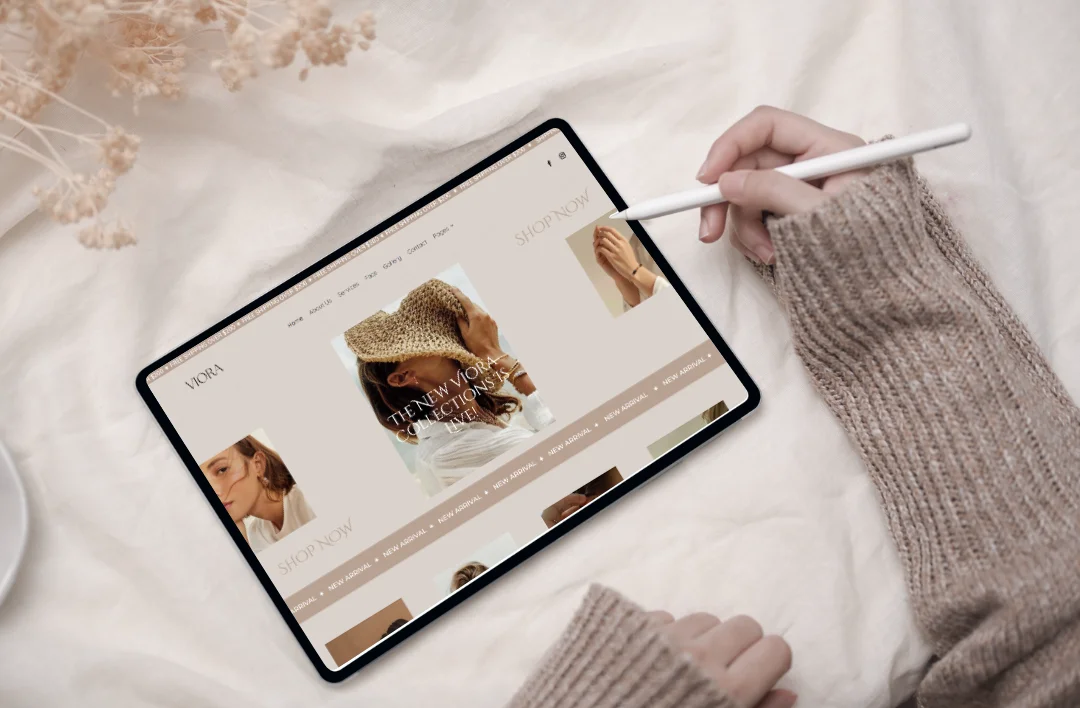 Tablet displaying a jewelry WooCommerce WordPress website with an elegant homepage layout, viewed in a responsive design format.