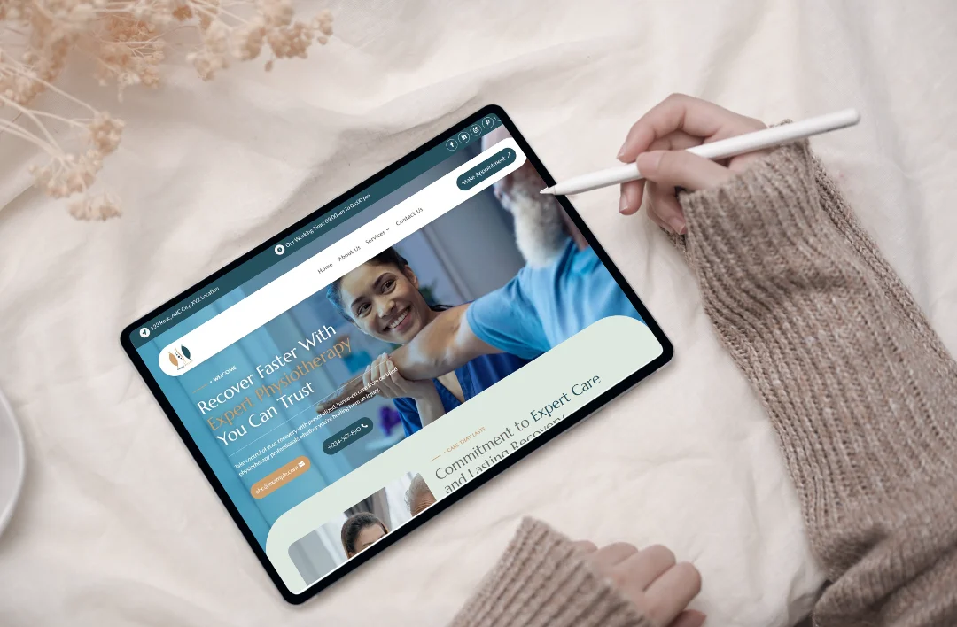 A promotional mockup for a physiotherapy WordPress template displayed on a desktop monitor, tablet, and smartphone. The website features a professional teal and white theme with a headline that reads "Recover Faster With Physiotherapy You Can Trust" over an image of a therapist and patient. Two black testimonial bubbles with 5-star ratings from Dr. Hannah Reed and Dr. Olivia Grant are featured on the right, highlighting the template's professional look and easy setup.