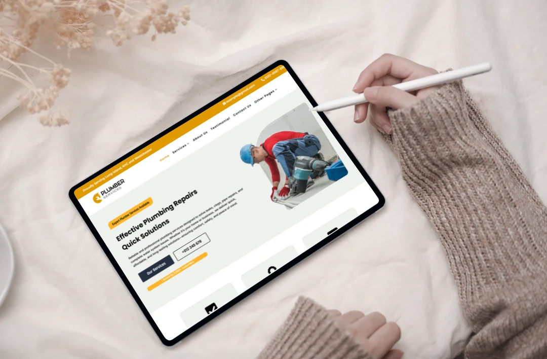 "A professional 'Plumber' website template displayed on a tablet held by a user with a stylus. The screen features a high-contrast yellow and slate grey industrial theme, a high-quality action shot of a professional plumber, and the headline 'Effective Plumbing Repairs & Solutions.' The layout includes a prominent 'Call Now' phone number and a streamlined navigation menu designed for easy service selection."
