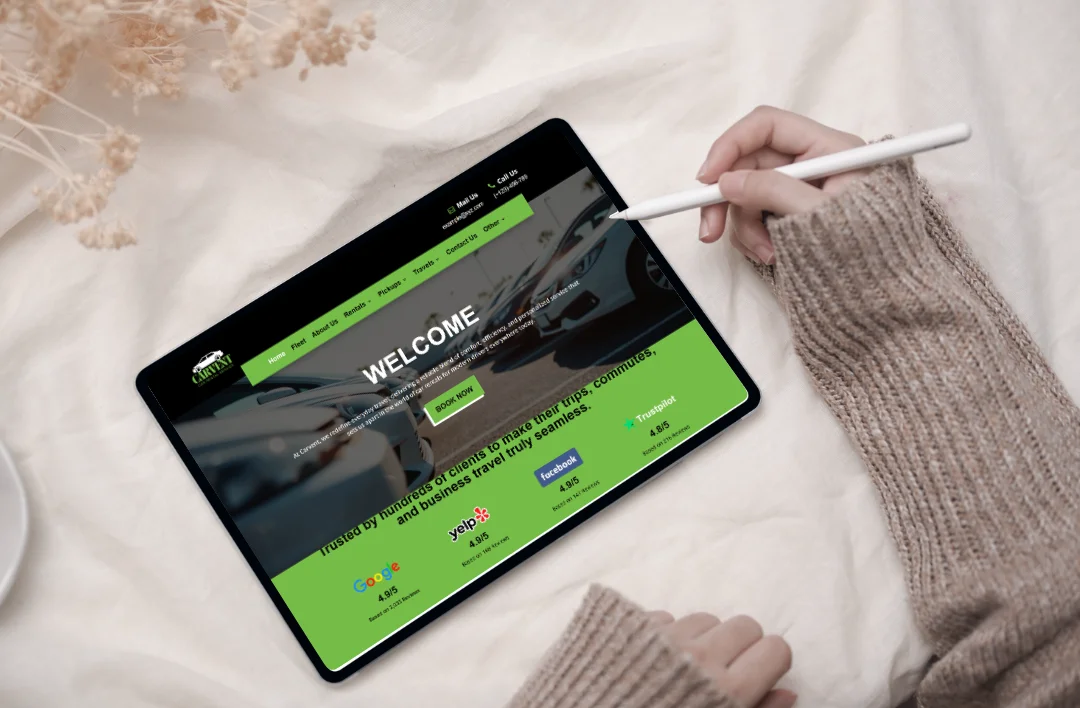 A promotional mockup for a car rental WordPress theme shown on a desktop monitor, tablet, and smartphone. The website features a lime green and black professional design with a "Welcome" hero banner and a "Book Now" button. To the right, two black 5-star testimonial bubbles from Natalie R. and Tyler M. highlight the theme's ease of management and clean layout for car listings.