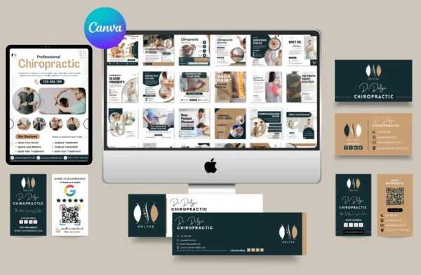 "A professional branding kit mockup for Dr. Dylan Chiropractic featuring a dark green and beige color scheme. The image includes a 16-post Instagram grid displayed on an iMac, a mobile-responsive website on a tablet, and physical mockups for business cards with QR codes and official letterheads. A Canva logo is visible in the top corner."