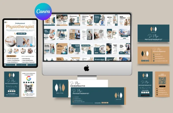 "A comprehensive physiotherapist branding kit mockup featuring a 16-post Instagram social media grid, a mobile-responsive website interface on a tablet, and professional stationery including business cards and letterheads. The clinical design uses a sophisticated dark green and tan color scheme with a prominent Canva logo indicating editable templates."