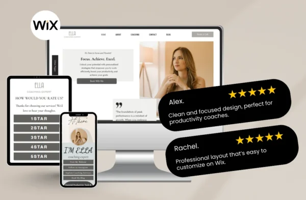 Promotional graphic for a Wix Productivity Coach website template. Displays the site on a desktop monitor, tablet, and smartphone. Features 5-star customer testimonials from Alex and Rachel, a clean minimalist design, and the Wix logo.