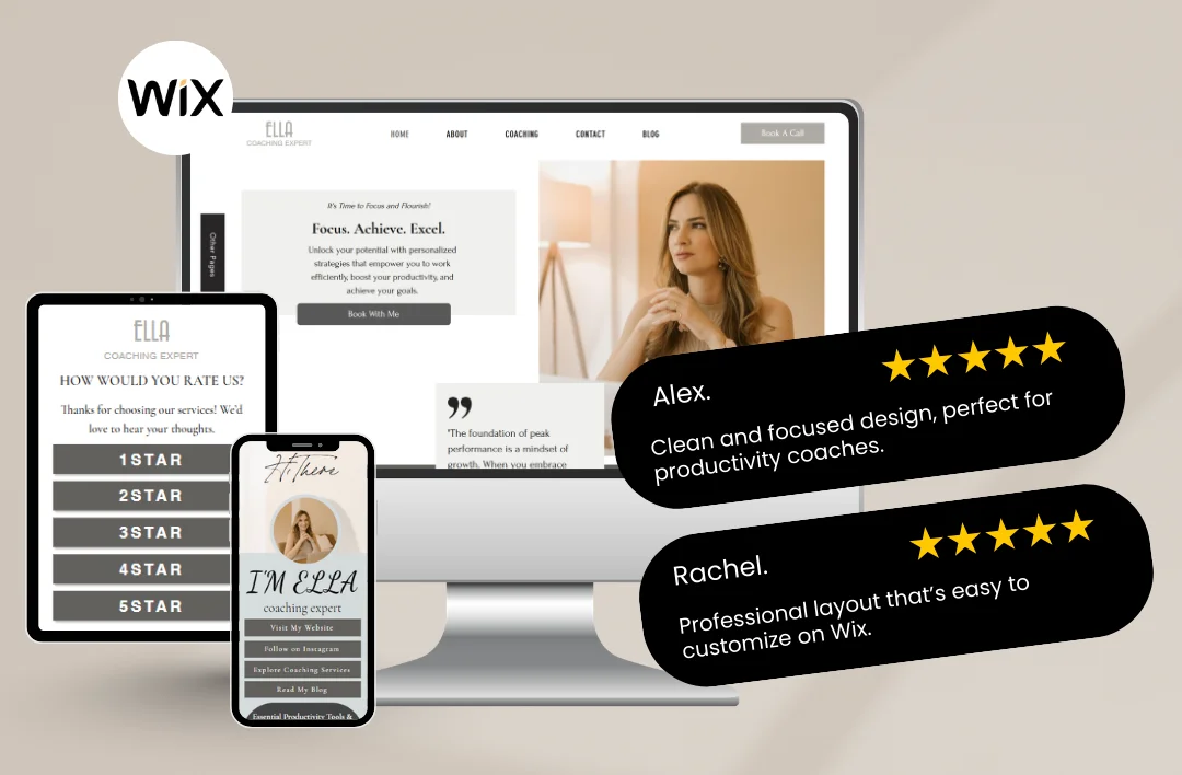 Promotional graphic for a Wix Productivity Coach website template. Displays the site on a desktop monitor, tablet, and smartphone. Features 5-star customer testimonials from Alex and Rachel, a clean minimalist design, and the Wix logo.