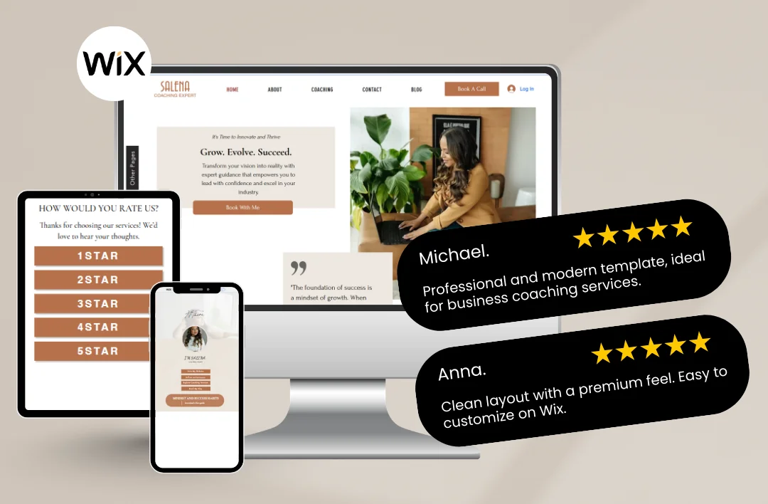 Promotional mockup for a professional Business Coach Wix website template. Displays the responsive design on a desktop monitor, tablet, and smartphone. Features a warm earth-tone color palette, a professional business woman portrait, and 5-star testimonials from Michael and Anna.