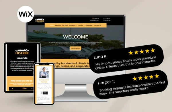 "A professional multi-device mockup of a car rental Wix website template. The desktop and mobile screens display a luxury SUV hero image, a 'Find Your Car' booking widget, and 5-star customer testimonial cards from Sarah J. and Mark T. The design features a clean, modern aesthetic suitable for executive vehicle hire."