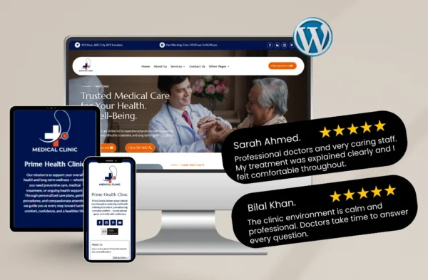 "A professional WordPress medical clinic website template mockup displayed on desktop, tablet, and mobile screens. The design features a 'Trusted Medical Care' hero section, 5-star patient reviews from Sarah Ahmed and Bilal Khan, and a clean blue and orange color scheme optimized for healthcare and clinic branding."