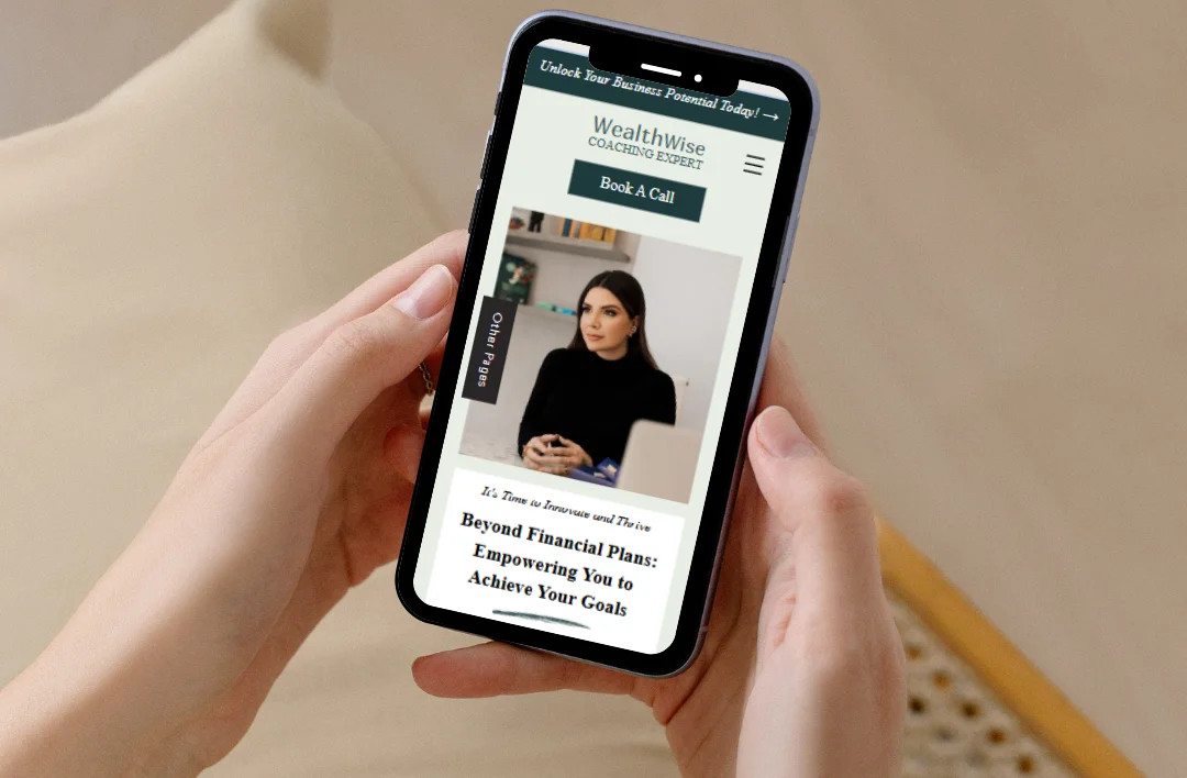 Close-up lifestyle mockup of a hand holding a smartphone displaying the 'Financial Coaching' Wix website template. Features a dark green 'Book A Call' button, a professional female coach portrait, and a clean responsive layout. Part of a premium financial branding set.