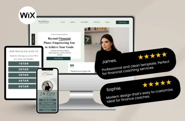 Promotional graphic for a Wix Financial Coaching website template. Displays the responsive design on a desktop monitor, tablet, and smartphone. Features 5-star customer testimonials from James and Sophie, a sophisticated dark green and white professional theme, and the Wix logo.