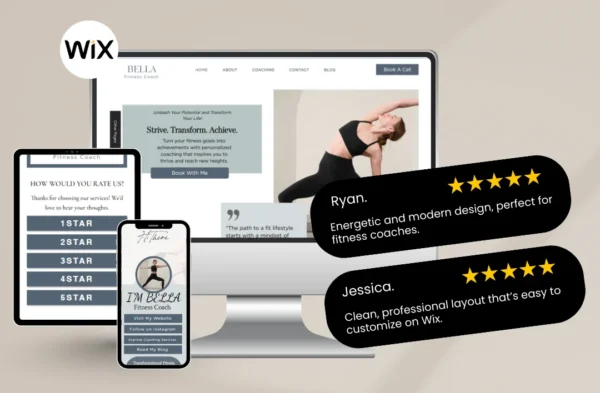 Promotional mockup for a 'Bella' Fitness Coach Wix website template. Displays a responsive design across a desktop monitor, tablet, and smartphone. Features a clean grey and white theme, a professional yoga instructor portrait, and 5-star testimonials from Ryan and Jessica.