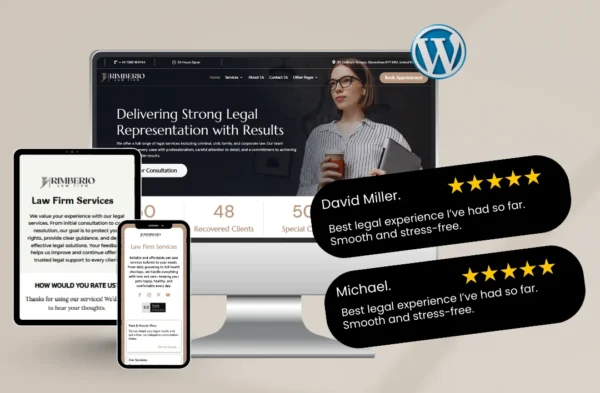 "A professional multi-device mockup of a Law Firm WordPress theme shown on a monitor, tablet, and smartphone. The design features a dark-themed header with the headline 'Delivering Strong Legal Representation with Results,' a 'Free Consultation' button, and prominent 5-star customer testimonials from David Miller and Michael."