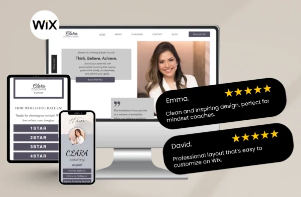 "Professional Wix website template mockup for a mindset coach named Clara. The desktop screen shows an inspiring hero section with personal branding, while the mobile and tablet views display a structured feedback system with 5-star testimonials from clients Emma and David, highlighting the template's clean and easy-to-customize design."