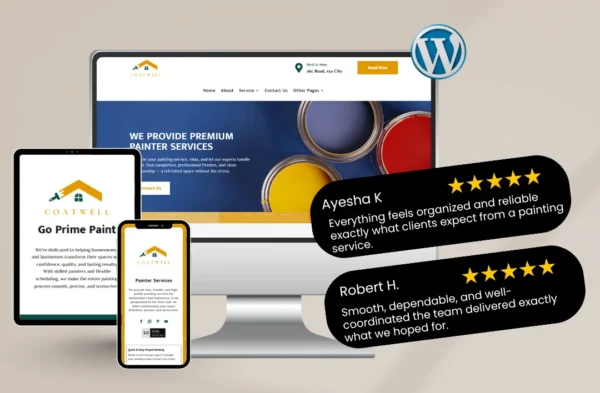 "A multi-device mockup of the Costwell Painter WordPress theme displayed on a desktop, tablet, and smartphone. The screen shows a premium painting service landing page with vibrant paint bucket imagery, 5-star customer testimonial bubbles from Ayesha K. and Robert H., and a clean, responsive navigation menu."