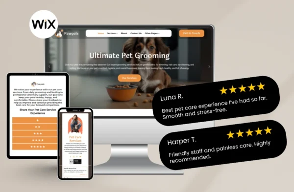 "A professional Wix pet care website template mockup displayed on desktop, tablet, and mobile screens. The design features a friendly 'Pet Care Expert' hero section, 5-star client testimonials from Zain and Lina, and a vibrant yellow and white color scheme optimized for grooming and pet sitting business branding."