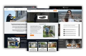 Desktop screenshot collage of pressure washing service pages featuring residential and commercial cleaning sections with call-to-action buttons.