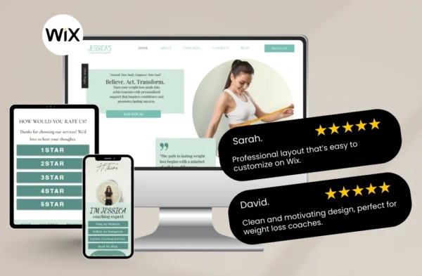 Promotional graphic for a Wix Weight Loss Coach website template. Displays the site on a desktop monitor, tablet, and smartphone. Features 5-star motivational testimonials from Sarah and David, a mint green and white theme, and a professional fitness coach portrait.