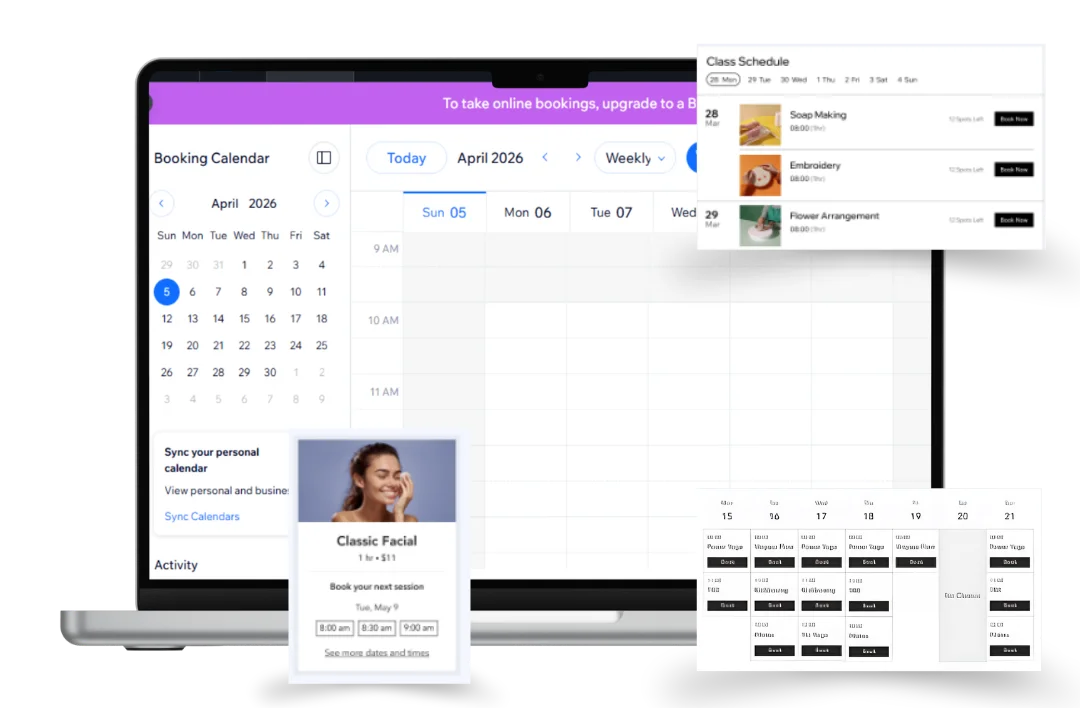 This image presents a modern and streamlined digital booking ecosystem centered around a laptop displaying a comprehensive weekly calendar for April 2026. The interface is clean and professional, featuring a minimalist white and soft blue color palette with vibrant purple headers. Floating around the main screen are various UI modules that highlight the platform's versatility: a detailed service card for a "Classic Facial" offering specific time slots, a list-style "Class Schedule" featuring workshops like soap making and embroidery, and a compact weekly grid displaying fitness classes such as yoga and kickboxing. Together, these elements demonstrate a cohesive and user-friendly management system designed for service-based businesses to organize appointments, track availability, and sync personal calendars.