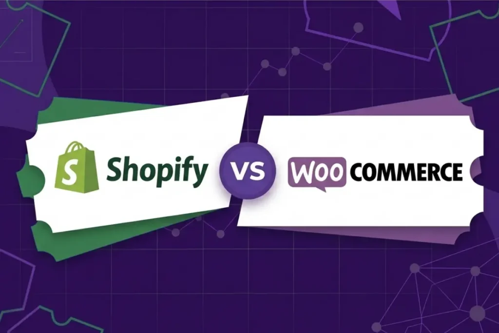 A professional promotional blog banner graphic comparing two major e-commerce platforms. Features the bright green Shopify shopping bag logo on the left and the purple WooCommerce wordmark logo on the right, separated by a central purple circle with 'vs' text. The elements are styled like tickets against a dark purple background decorated with subtle network lines and graph charts.