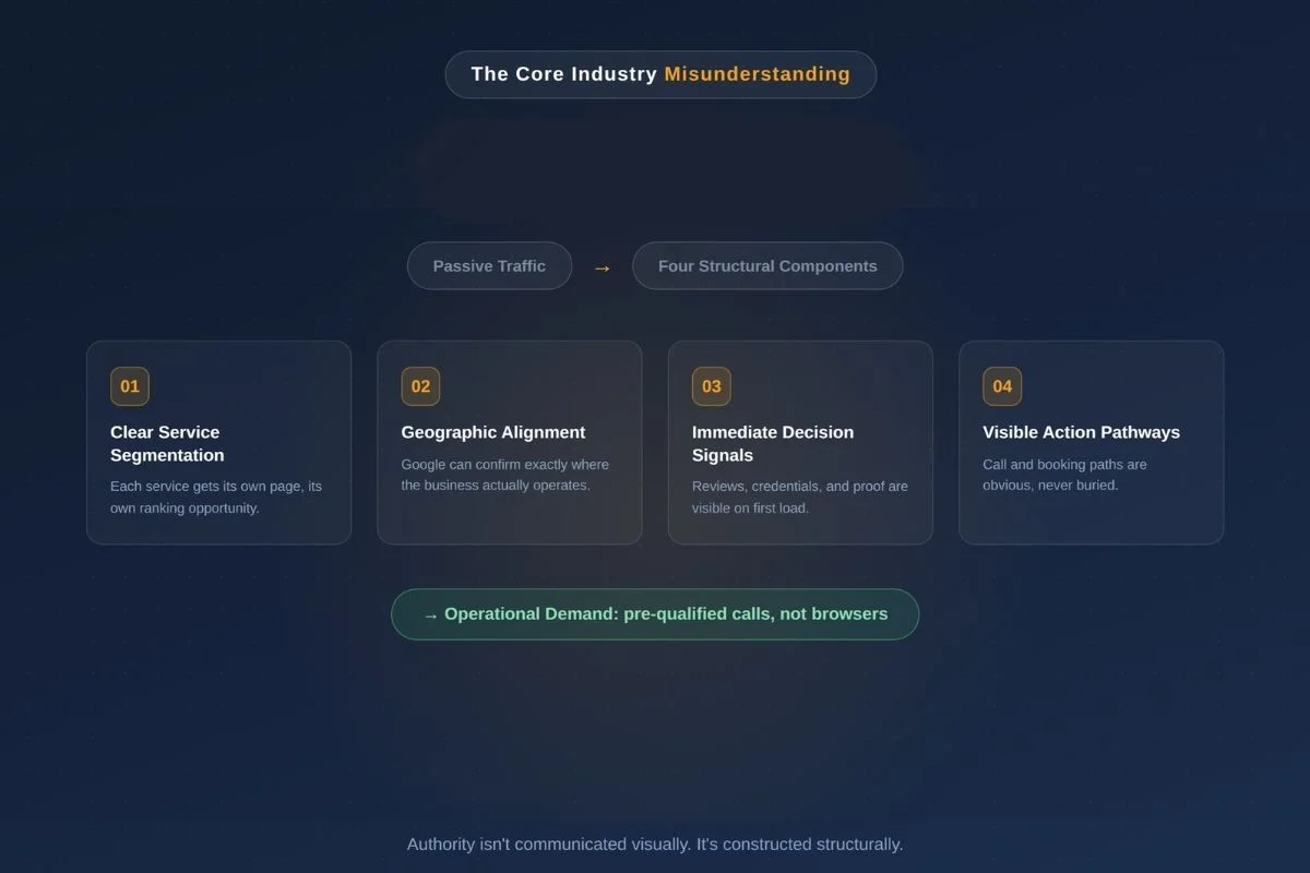 hvac-website-authority-structural-components Diagram of four structural components, service segmentation, geographic alignment, decision signals, and action pathways, that convert passive traffic into operational demand