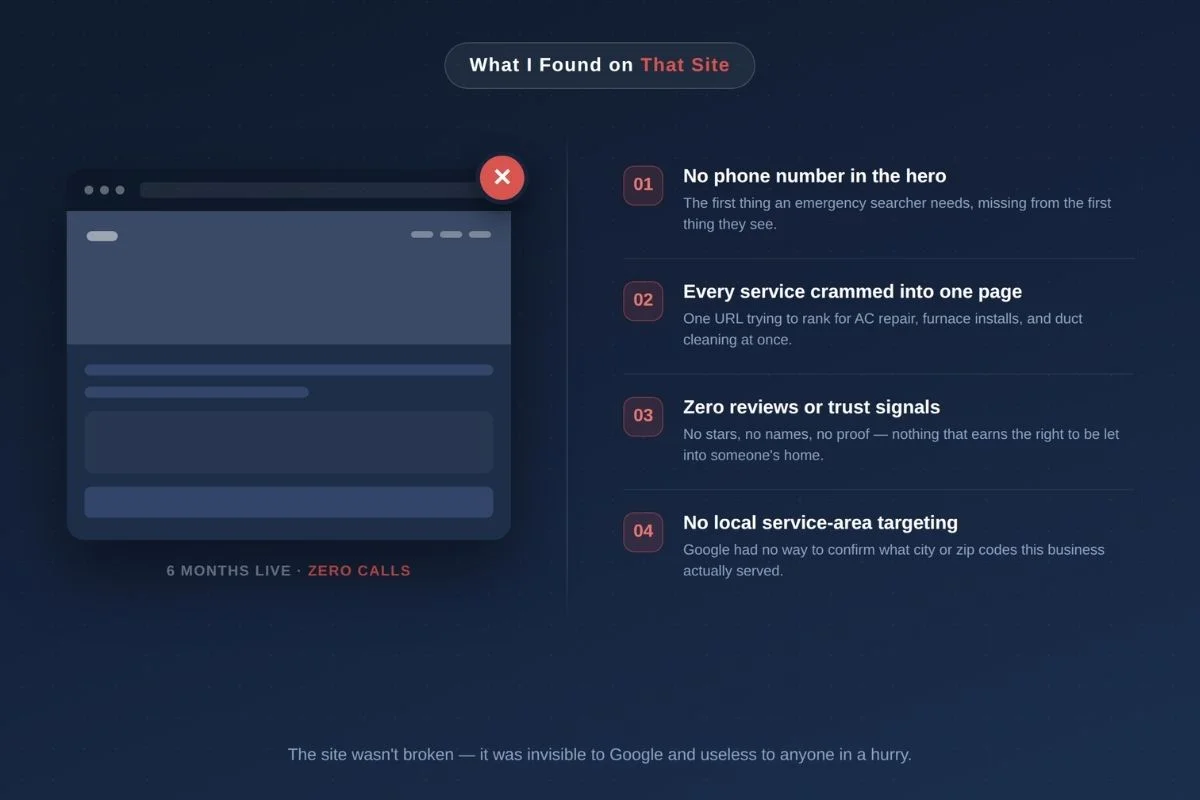 hvac-website-zero-calls-diagnostic-breakdown Diagnostic breakdown of an HVAC contractor website with zero calls in six months, showing four structural failures including missing phone number and no local targeting